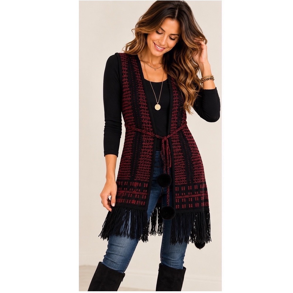 BCBGMAXAZRIA Red Black Geometric Knit Fringe Vest Pom Pom Belt Medium